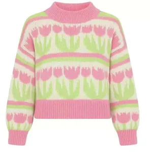 Cozy loose floral tulip jacquard knit sweater pullover for women in pink and green