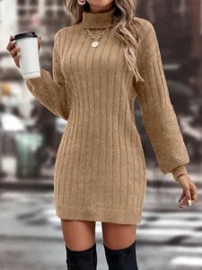 Detailed view of the stylish khaki turtleneck knitted mini dress with ribbed texture