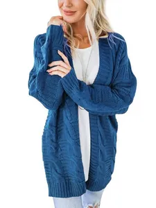 Cárdigan de punto trenzado azul para mujer, estilo liso de longitud media y grueso moda.