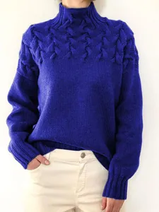 Cozy blue high-neck cable knit sweater for women with elegant long-sleeve winter style