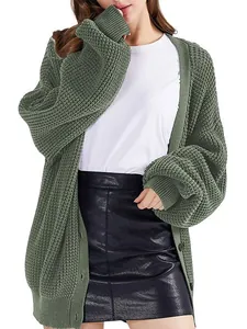 Cozy sage green chunky knit cardigan for women with single-breasted loose fit design