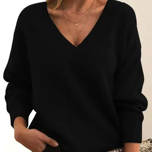 Close-up detail of a women's relaxed V-neck knitted pullover sweater in classic black