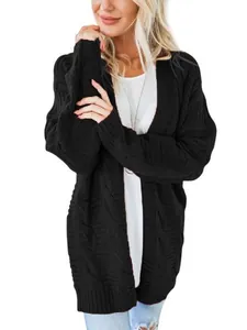 Chaqueta de punto trenzado negra para mujer, cárdigan largo de punto grueso abierto