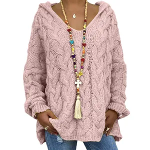 Pull à capuche rose uni pour femme en tricot torsadé avec col en V et manches longues