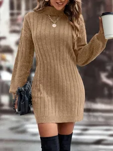 Elegant brown high-neck ribbed knit mini sweater dress for stylish autumn street look