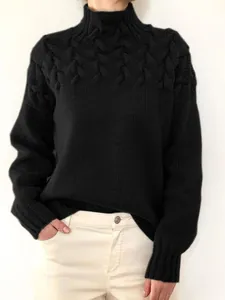 Elegant women's black high neck cable knit sweater with long sleeves for winter fashion