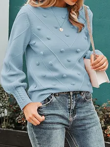 Women Elegant Acrylic Pullover Sweater Round Neck Long Sleeve Pom-pom Knit Top Solid Color Soft Warm Jumper For Fall Winter