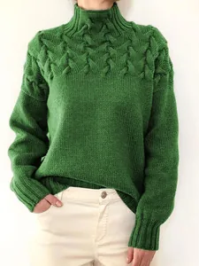 Stylish green high-neck cable-knit sweater for women with long sleeves and cozy texture