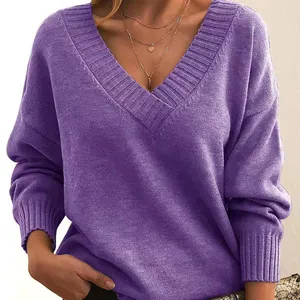 Women Casual V-Neck Pullover Sweater Loose Long Sleeve Knitwear Basic Solid Color Acrylic Knitted Top For Daily Wear