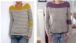 Two variations of women's striped knit sweater with yellow and purple color blocking