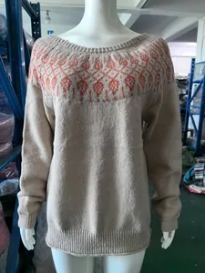 Detailed view of women's beige knit sweater with orange geometric yoke pattern on mannequin