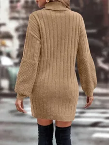 Back view of a khaki high-neck knit sweater dress with ribbed and textured sleeves