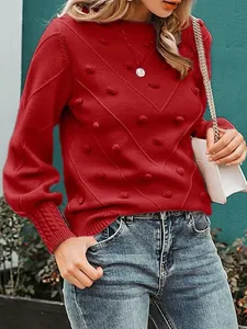 Elegant red round neck knit sweater with pom-poms and long sleeves for women fashion