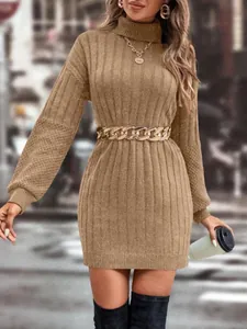 Women's turtleneck ribbed knit dress in camel with gold chain belt