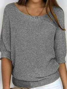 Elegant grey round neck knitted sweater featuring stylish 3/4 sleeves for casual spring wear