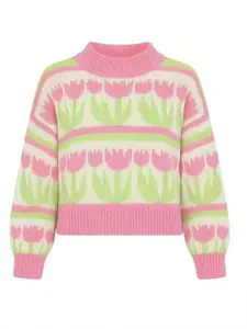 Cozy loose knit pullover sweater featuring pink tulip jacquard patterns on white background