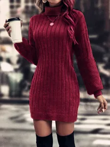 Detailed view of a cozy burgundy turtleneck knit sweater dress in an urban lifestyle setting