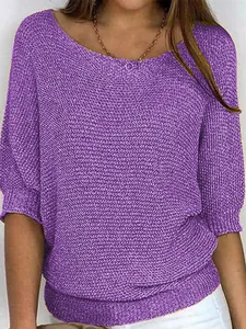 Elegant purple round neck knit sweater with textured batwing sleeves for women spring