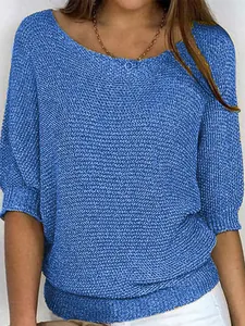 Elegant blue solid color boat neck knit sweater with 3/4 batwing sleeves for women.