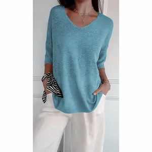 Elegante blaue Strickjacke für Damen mit V-Ausschnitt und lässigen 3/4 Ärmeln