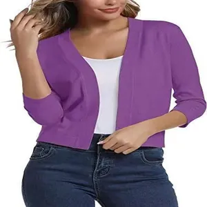 Elegant purple short-length knit cardigan for women with a stylish open-front design.