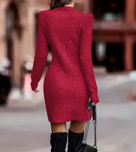 Detailed back view showing the vertical texture of the red knitted bodycon sweater dress