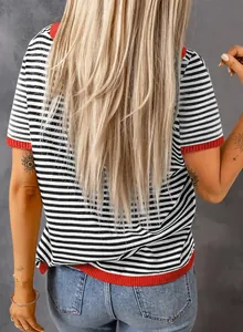 Back view of a casual striped knit top featuring red contrast trim and drop shoulders