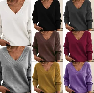 Elegant loose fit V-neck pullover knitted sweater for women available in multiple solid colors
