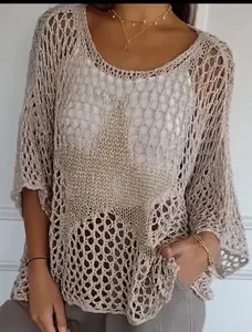 Close-up detail of beige hollow-out knit sweater featuring a star pattern and 3/4 sleeves
