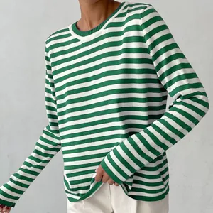 Detailed texture view of a classic green and white striped round neck knitted sweater.