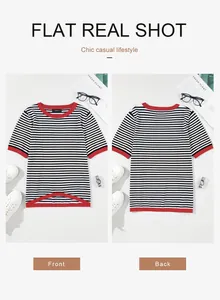 Front and back views of casual striped knit short-sleeve top with red contrast trim detail