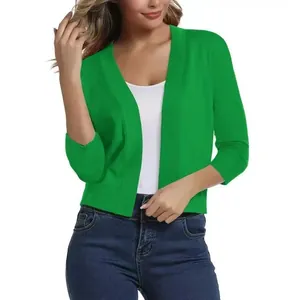 Elegant green short-sleeved women's knitted cardigan for spring and autumn