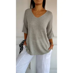 Casual grey V-neck knit sweater with 3/4 sleeves for women in a minimalist soft style