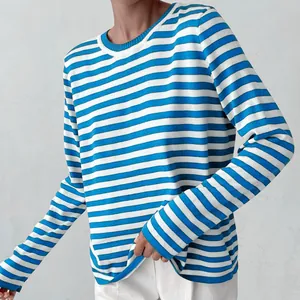 Detail view of blue and white striped round neck knit sweater for women