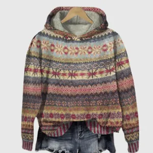 Dettaglio maglione in maglia con cappuccio da donna motivo etnico vintage vestibilità ampia