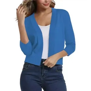 Elegant short blue knitted cardigan sweater for women, perfect for spring and autumn wear