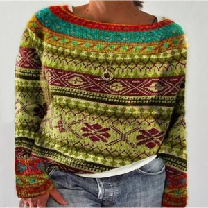 Bunter Vintage Fair Isle Strickpullover für Damen, lockerer Rundhals-Strickoberteil