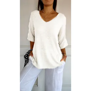 Elegant women's beige V-neck knit sweater featuring casual 3/4 sleeves and a soft texture