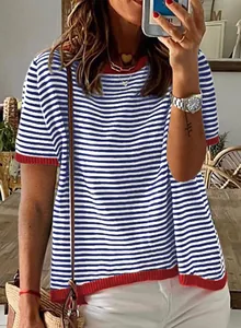 Casual blue and white striped knit top with red contrast trim detail and short sleeves