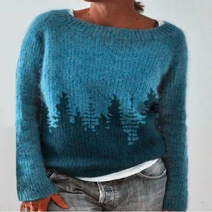 Blauer Damen-Strickpullover mit Rundhalsausschnitt und dunklem Tannenwald-Silhouette-Print