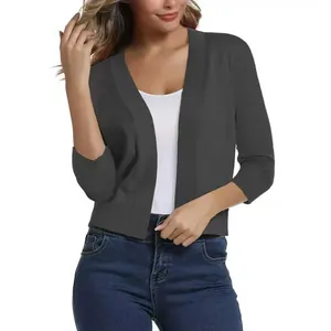 Women's elegant charcoal grey short knitted cardigan jacket with a simple open-front design