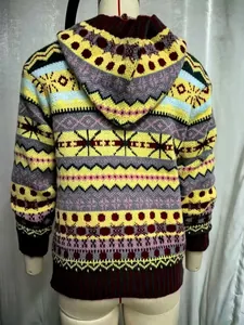 Vista posteriore di un maglione da donna in maglia con cappuccio e motivo geometrico