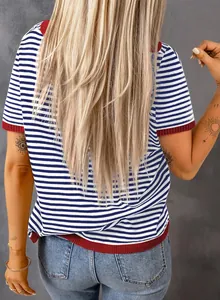 Back view of a casual short-sleeved striped knit top featuring contrast red rib trim