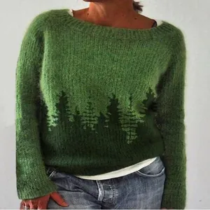 Gemütlicher Damenstrickpullover mit Waldmuster, Rundhalsausschnitt und lockerer Passform