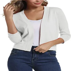 Close-up of a white cropped knitted cardigan showing the fine texture and open front fit.