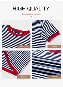 Detail view of striped knit top showing neckline, sleeve, and high-quality material texture