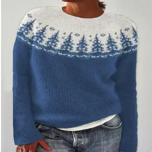 Maglione in maglia blu e bianco da donna con motivo ad albero in stile nordico casuale
