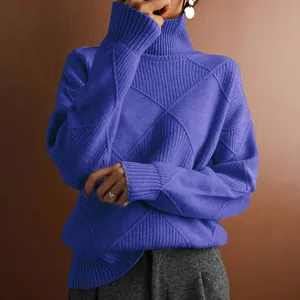 Close-up detail of purple high-neck knitted sweater with diamond pattern texture