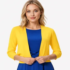 Elegant bright yellow short knit cardigan for women featuring a minimalist open front design