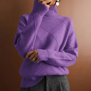 Detail view of purple turtleneck sweater with textured diamond knit pattern for women